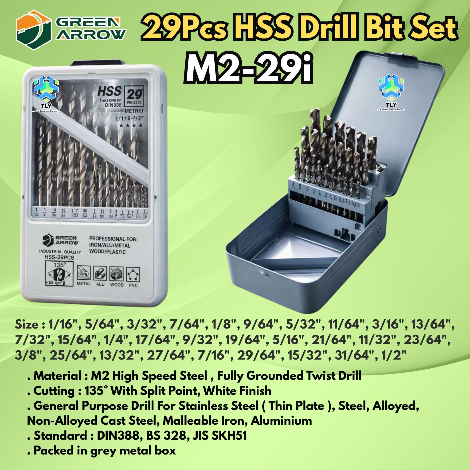 AAD12 Green Arrow M2 HSS Drill Bit Sets Inches 29Pcs M2-29i