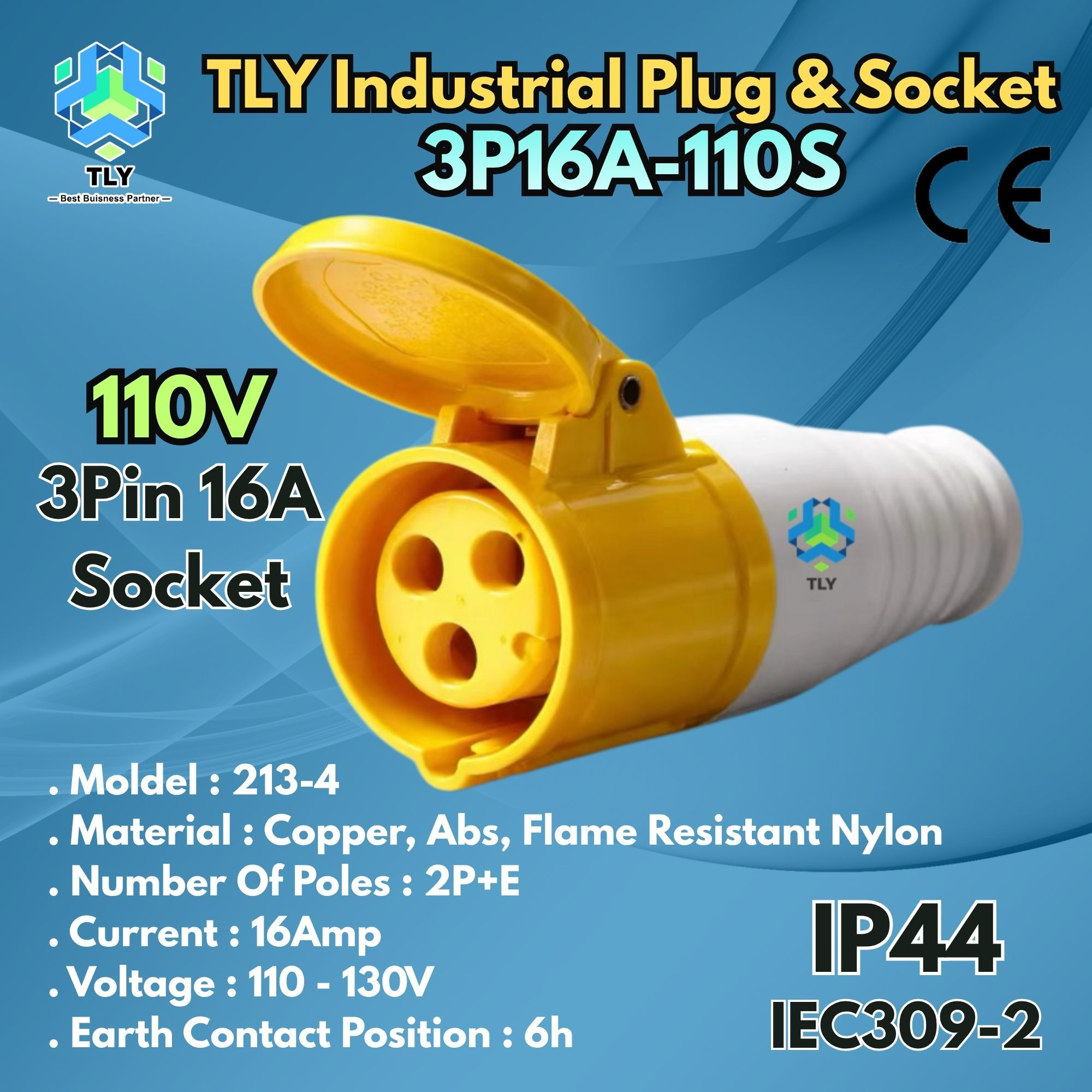 GAB02 Industrial Plug & Socket IP44 - 3 Pin 16A Socket 110V