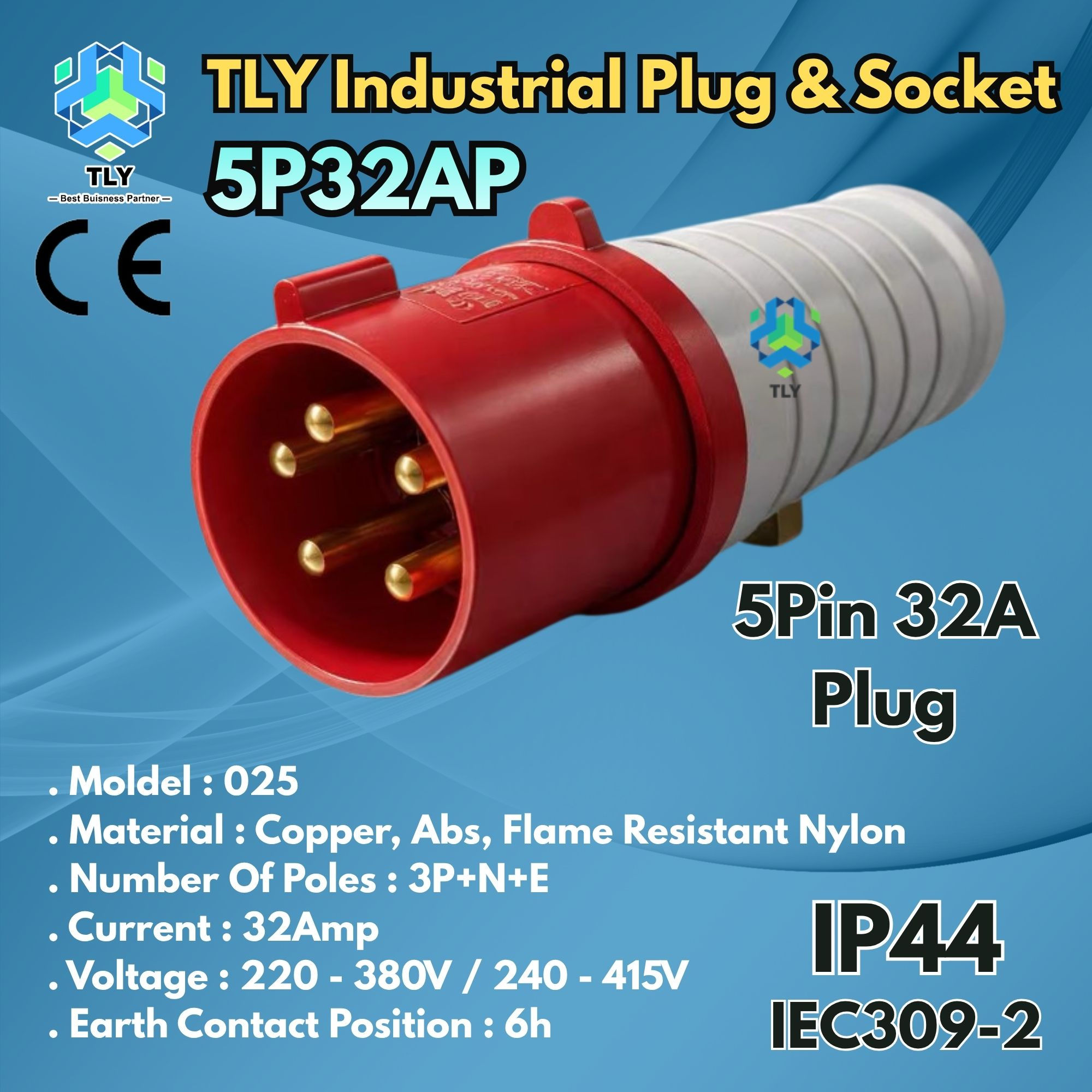 GAF01 Industrial Plug & Socket IP44 - 5 Pin 32A Plug