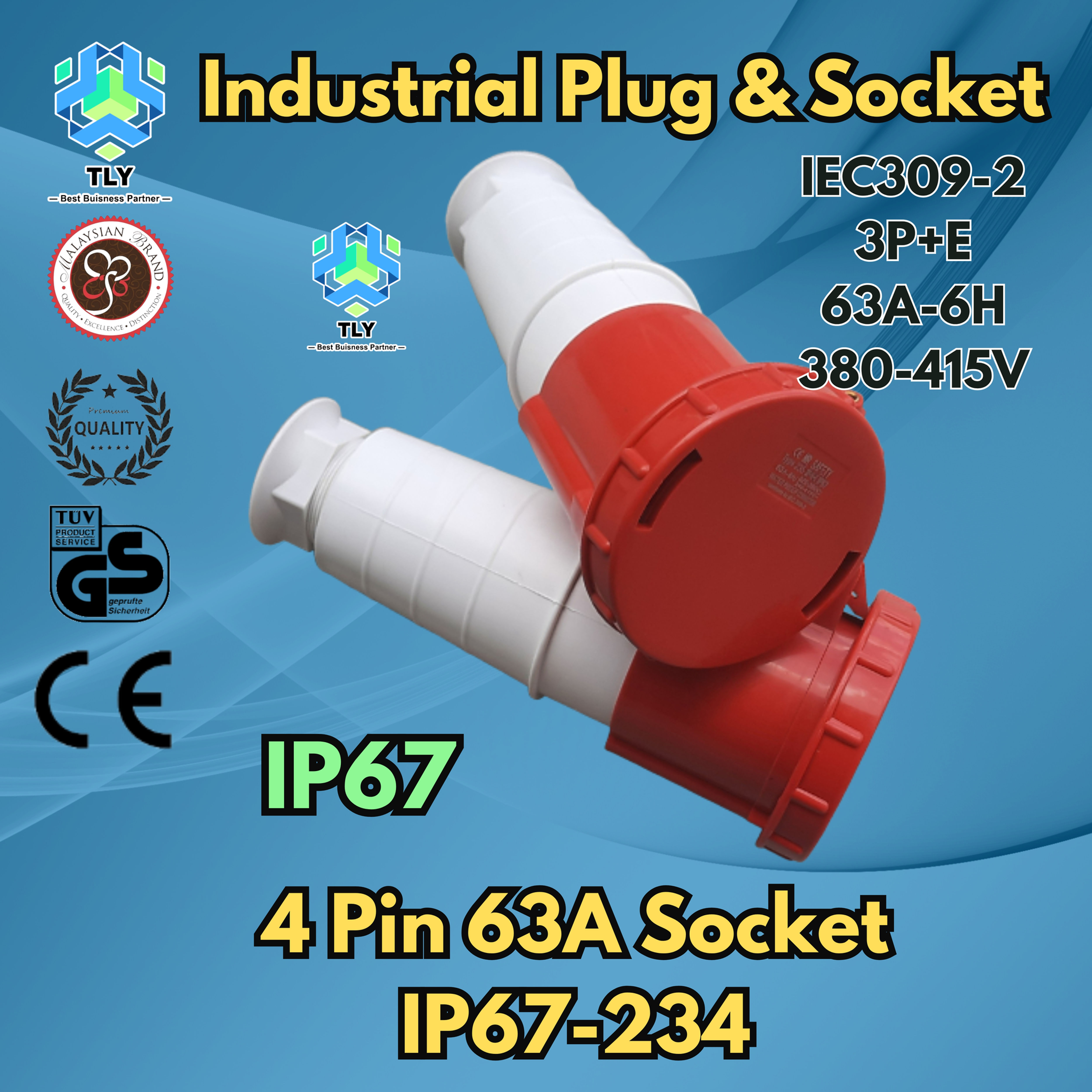 GBE02 Industrial Plug & Socket IP67 - 4 Pin 63A Socket