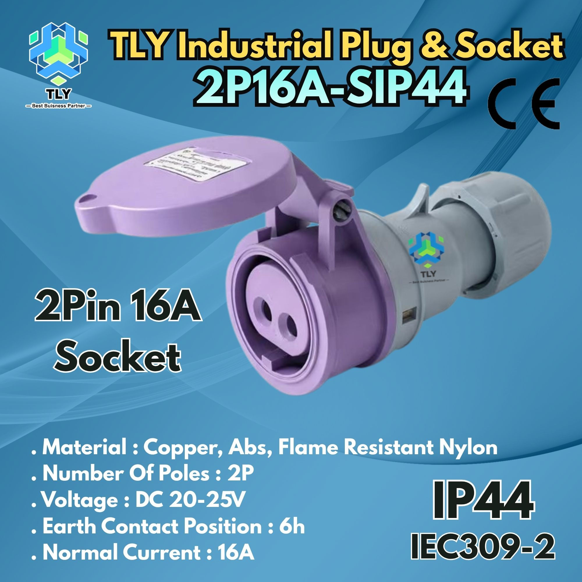 GAH02 TLY Industrial Socket 2Pin 16A IP44 DC20-25V 2P16A-SIP44