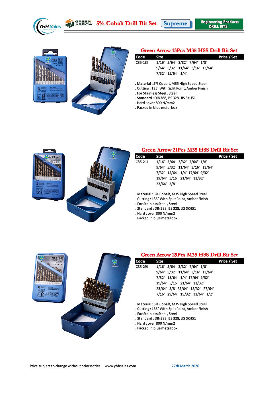 Thumbnail: AAD13 Green Arrow M35 Cobalt HSS Drill Bit Sets Inches 13Pcs M35-13i