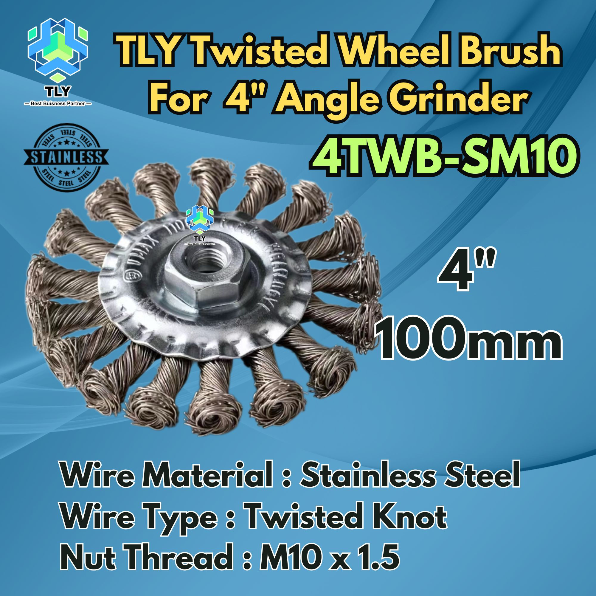 BAB03 Twisted Wheel Brush Stainless Steel 4" x M10x1.5 4TWB-SM10