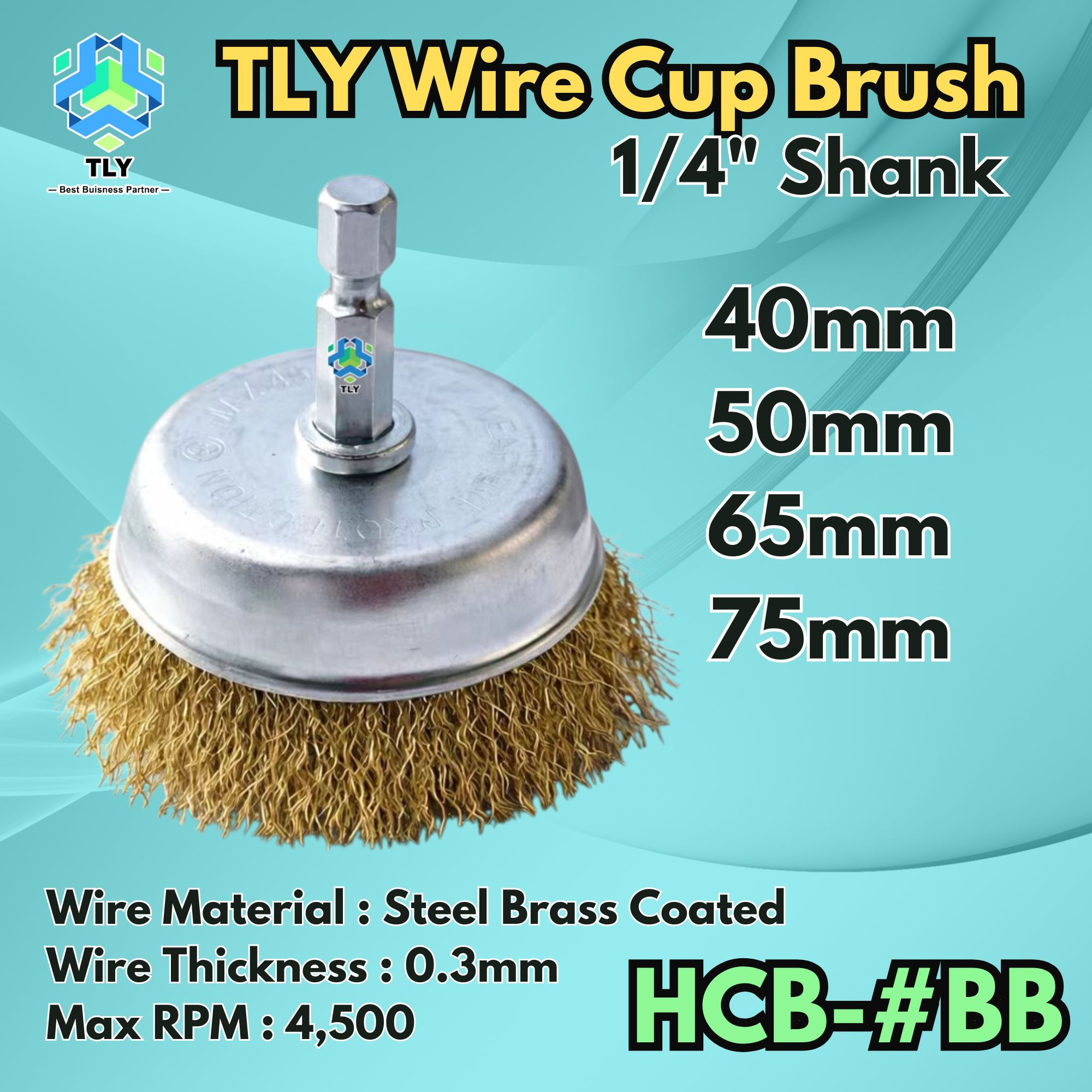 CAAF01 TLY Cup Brush With 1/4" Shank - Steel Brass Coated