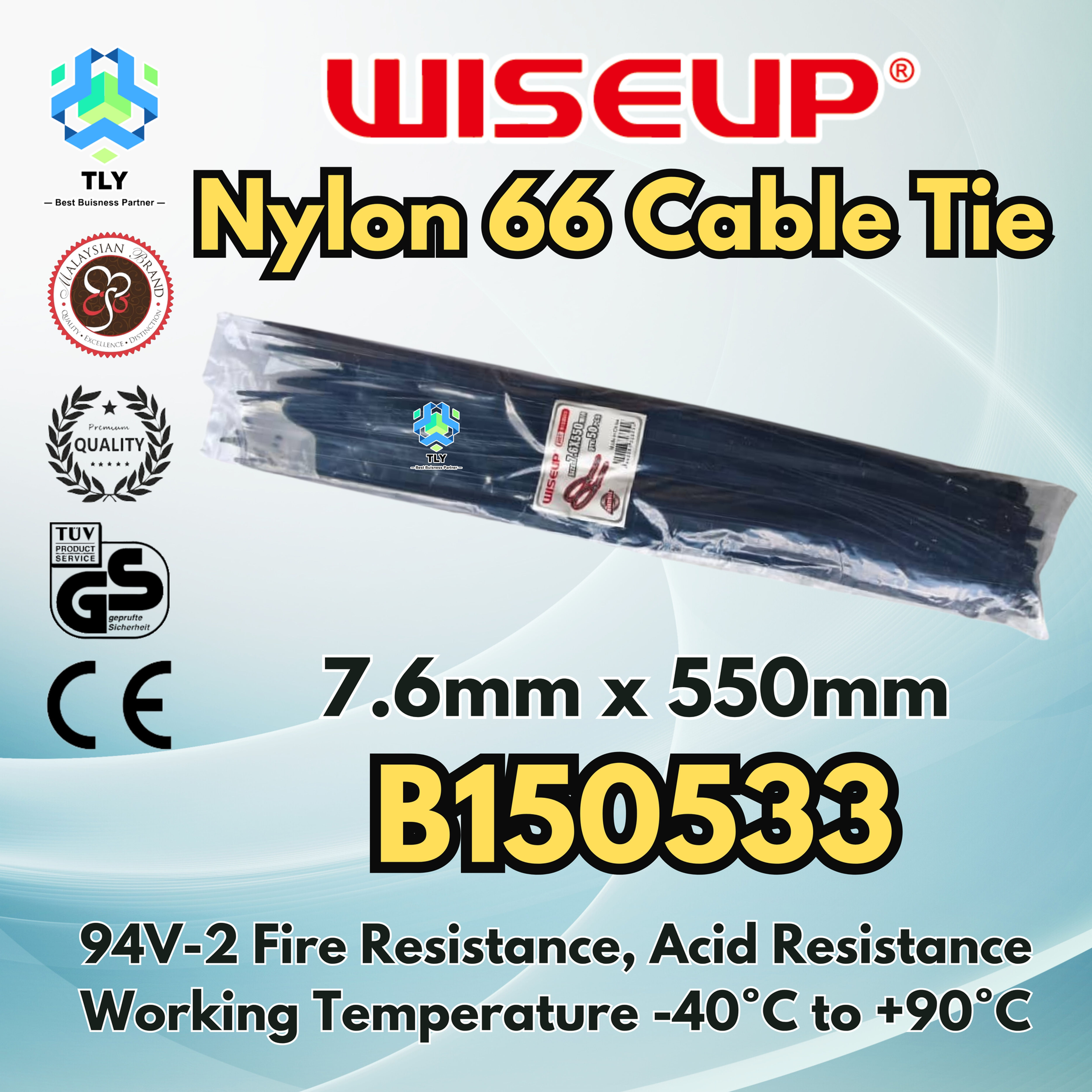 JKB14 Wiseup Nylon 66 Cable Tie Black 7.6mm x 550mm B150533