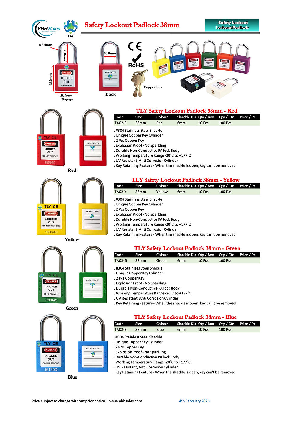 Thumbnail: EOA02 TLY Safety Lockout Padlock 38mm Yellow TA02-Y