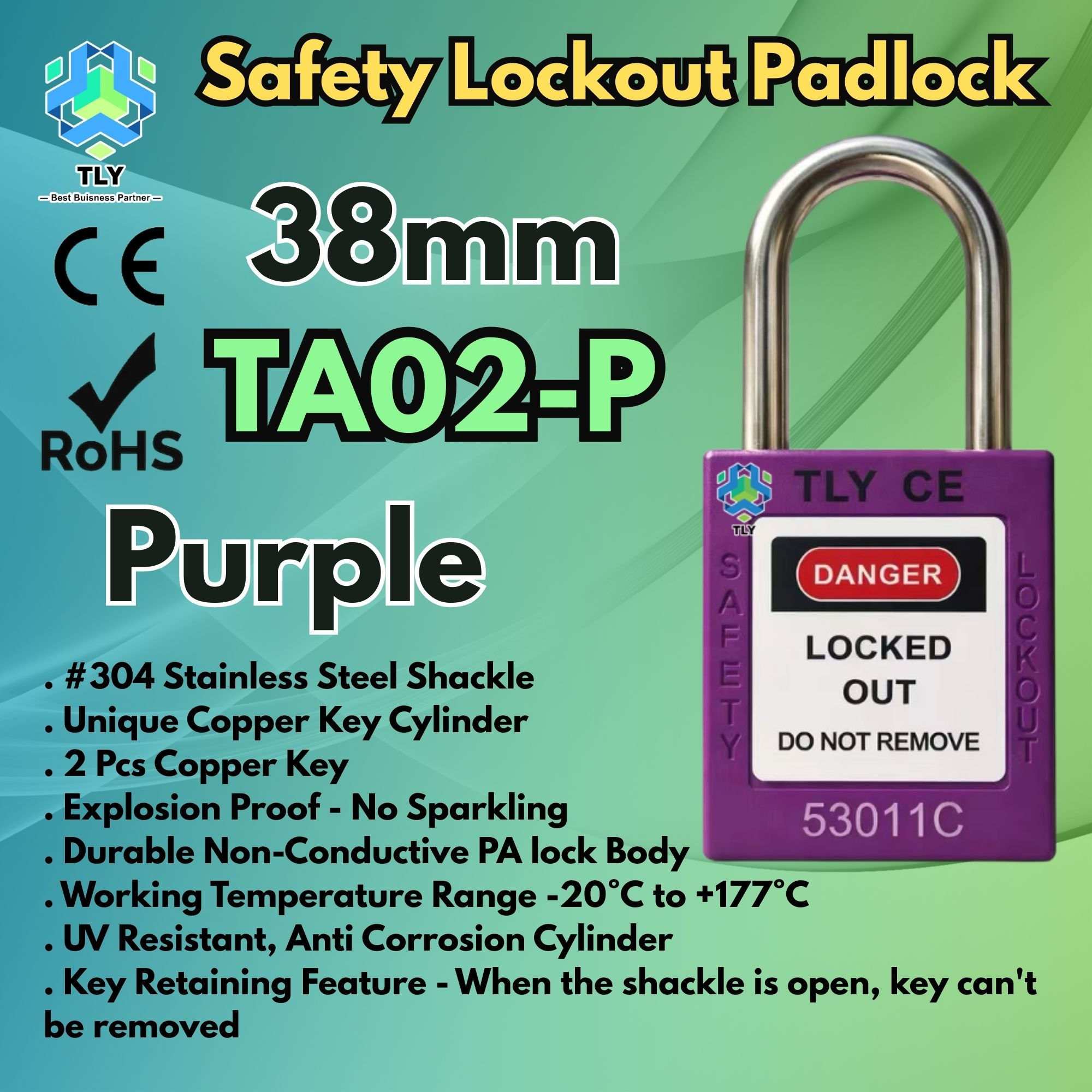EOA03 TLY Safety Lockout Padlock 38mm Purple TA02-P