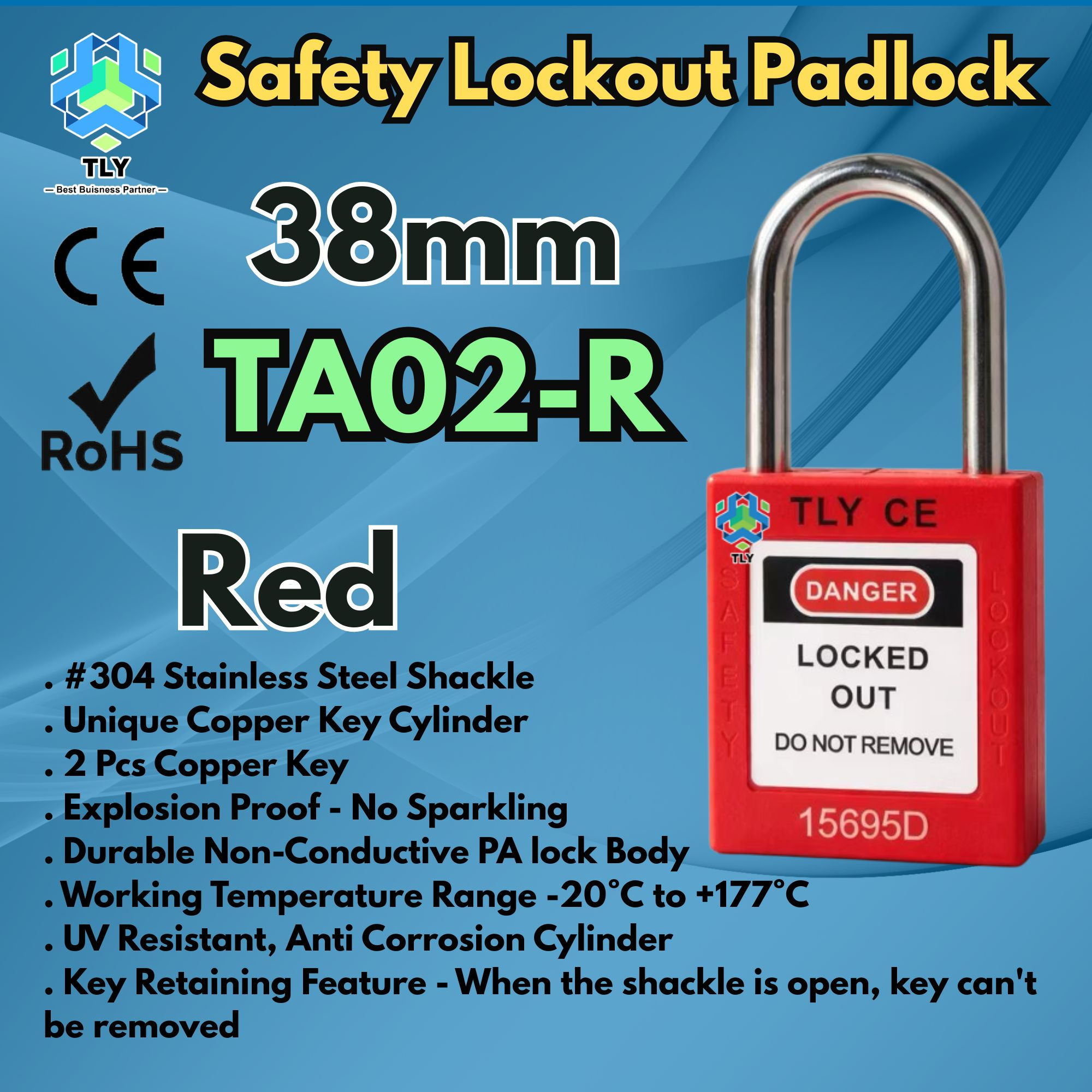 BHA01 TLY Safety Lockout Padlock 38mm Red TA02-R