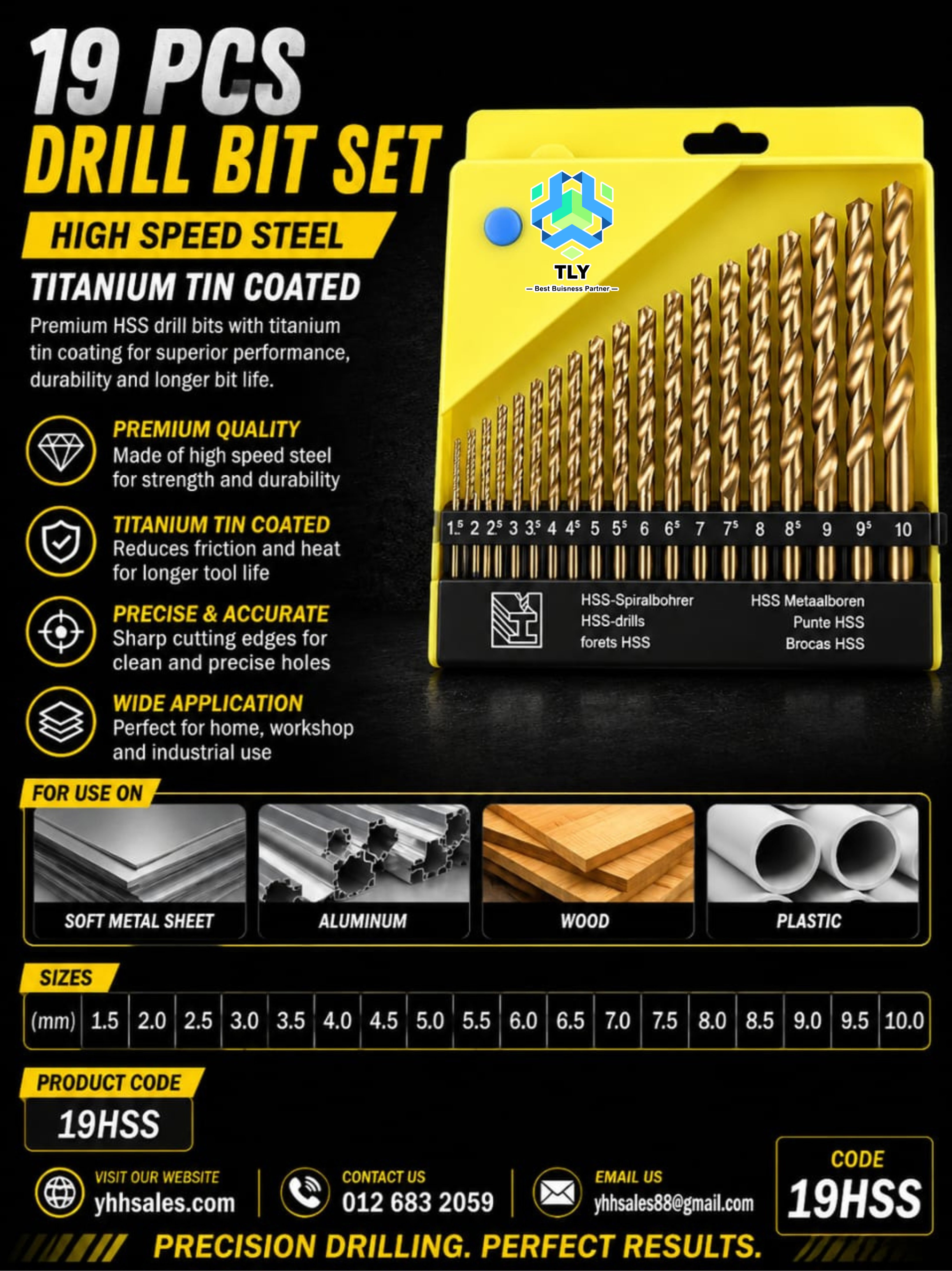 AAJ02 19Pcs Hss Drill Bit Set 19HSS
