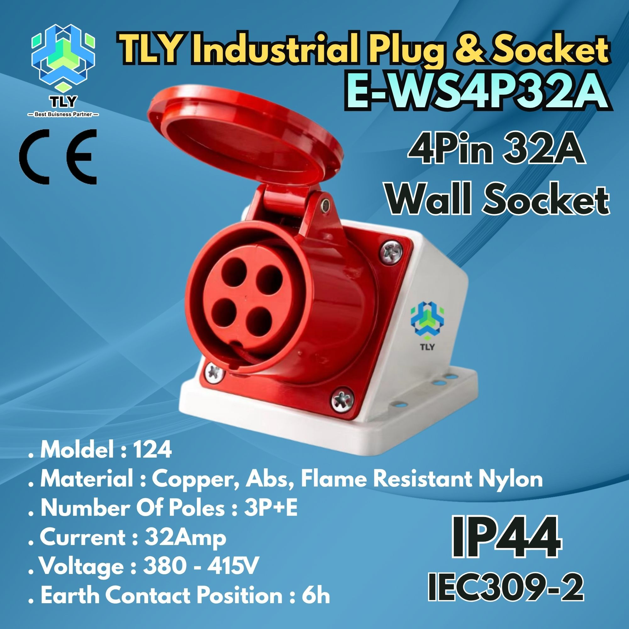 GAE03 Industrial Plug & Socket IP44 - 4 Pin 32A Wall Socket