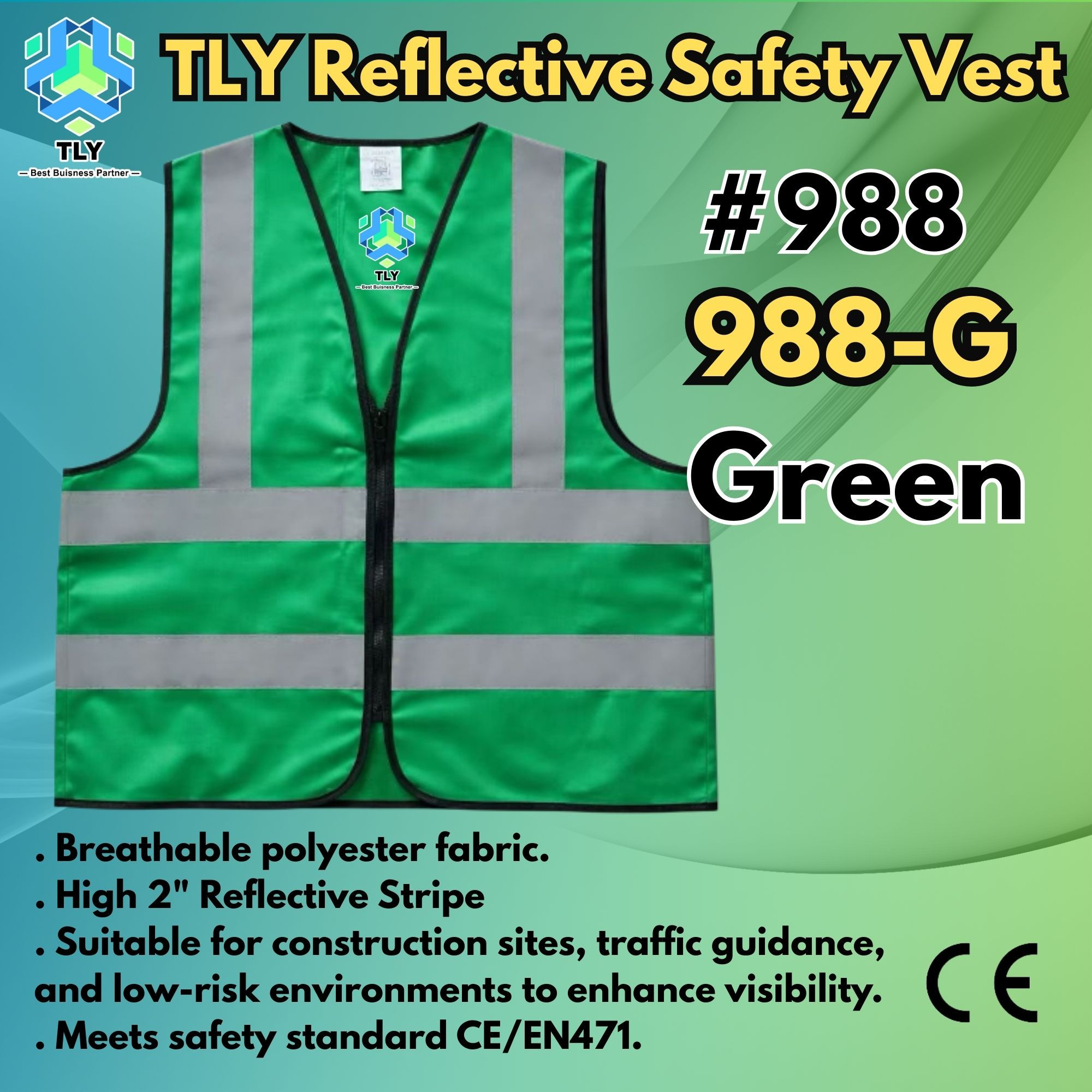 EGD01 Reflective Safety Vest - 988 Zip Dark Green
