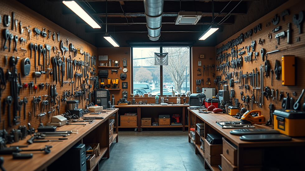 High angle view of a diverse range of hardware tools displayed in a store
