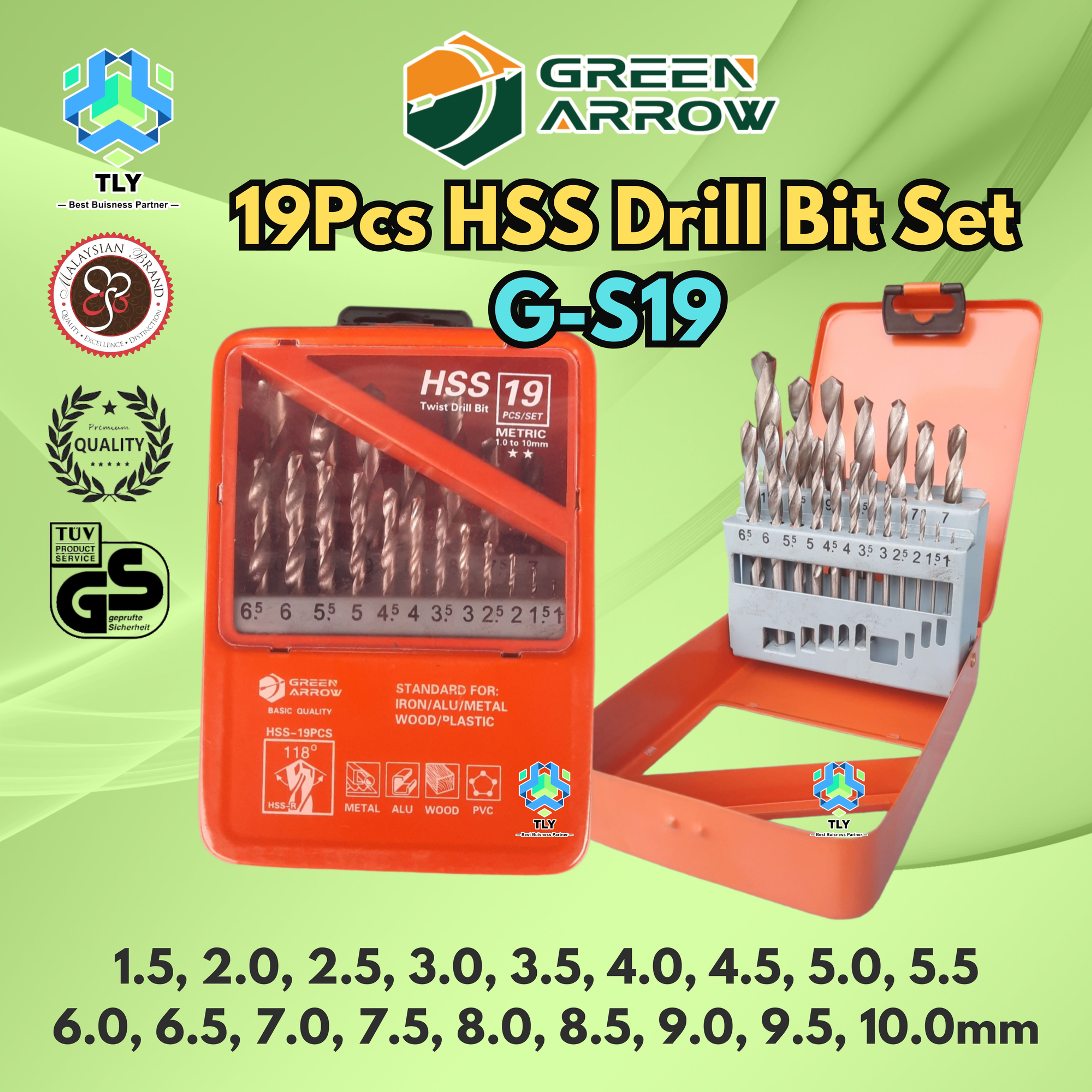 AAC02 Green Arrow HSS Drill Bit Sets 19Pcs G-S19