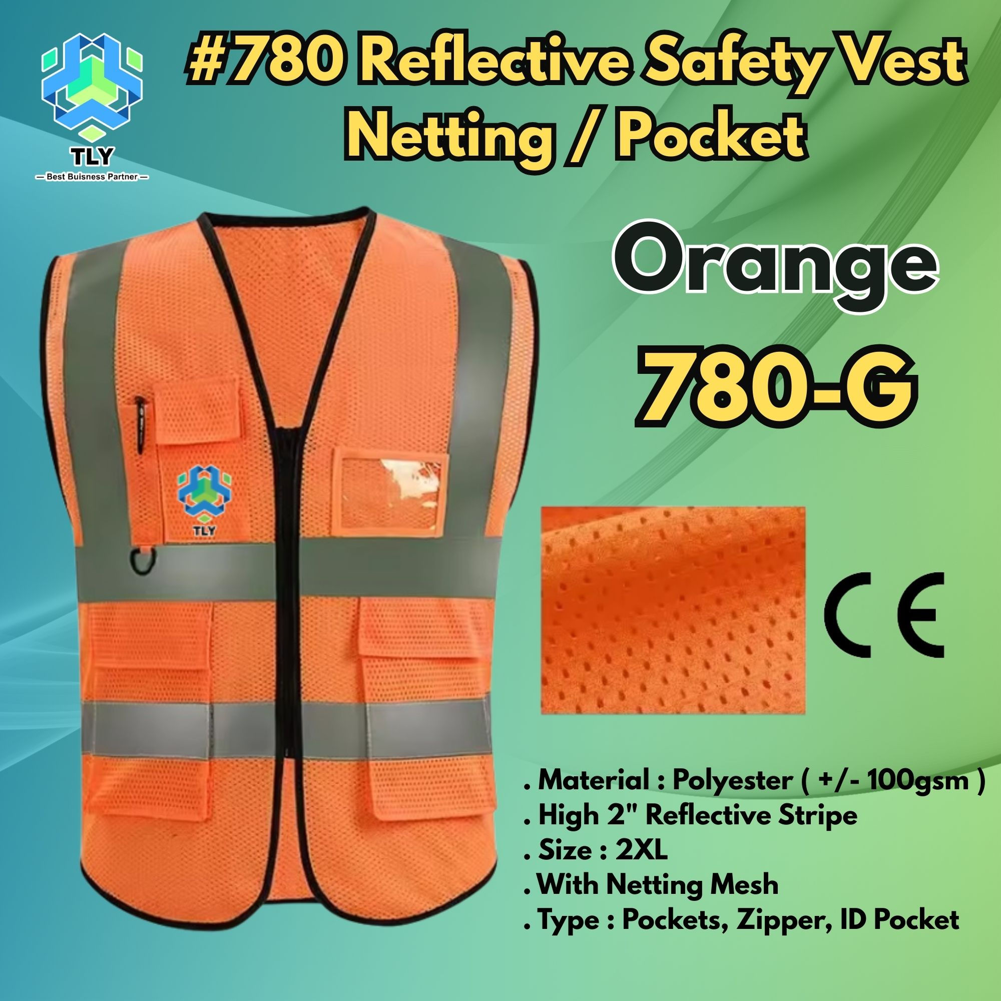 EGF02 TLY #780 Reflective Safety Vest Netting & Pocket - Orange 780-O