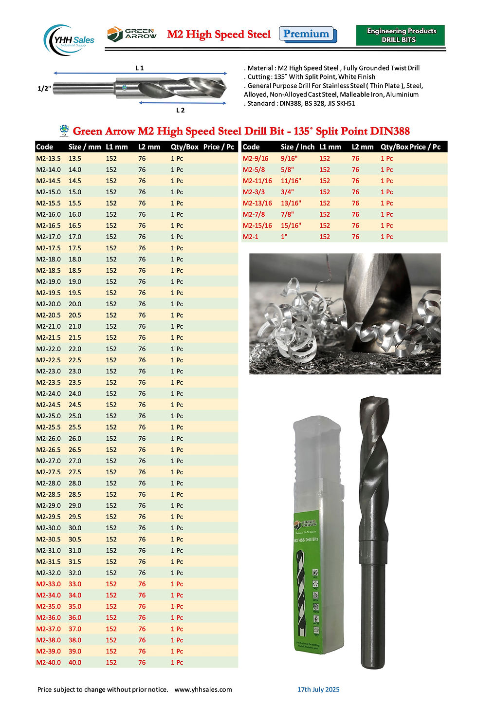Thumbnail: AAA02 Green Arrow M2 High Speed Steel Drill Bit Inch