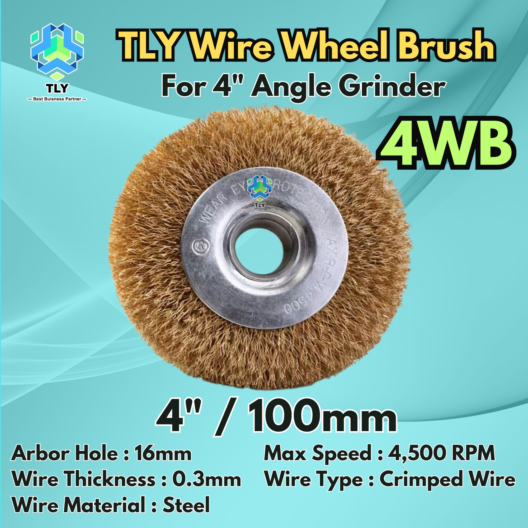 CABE01 TLY Wire Wheel Brush Brass Coated 4" x 8 x 16mm 4WB