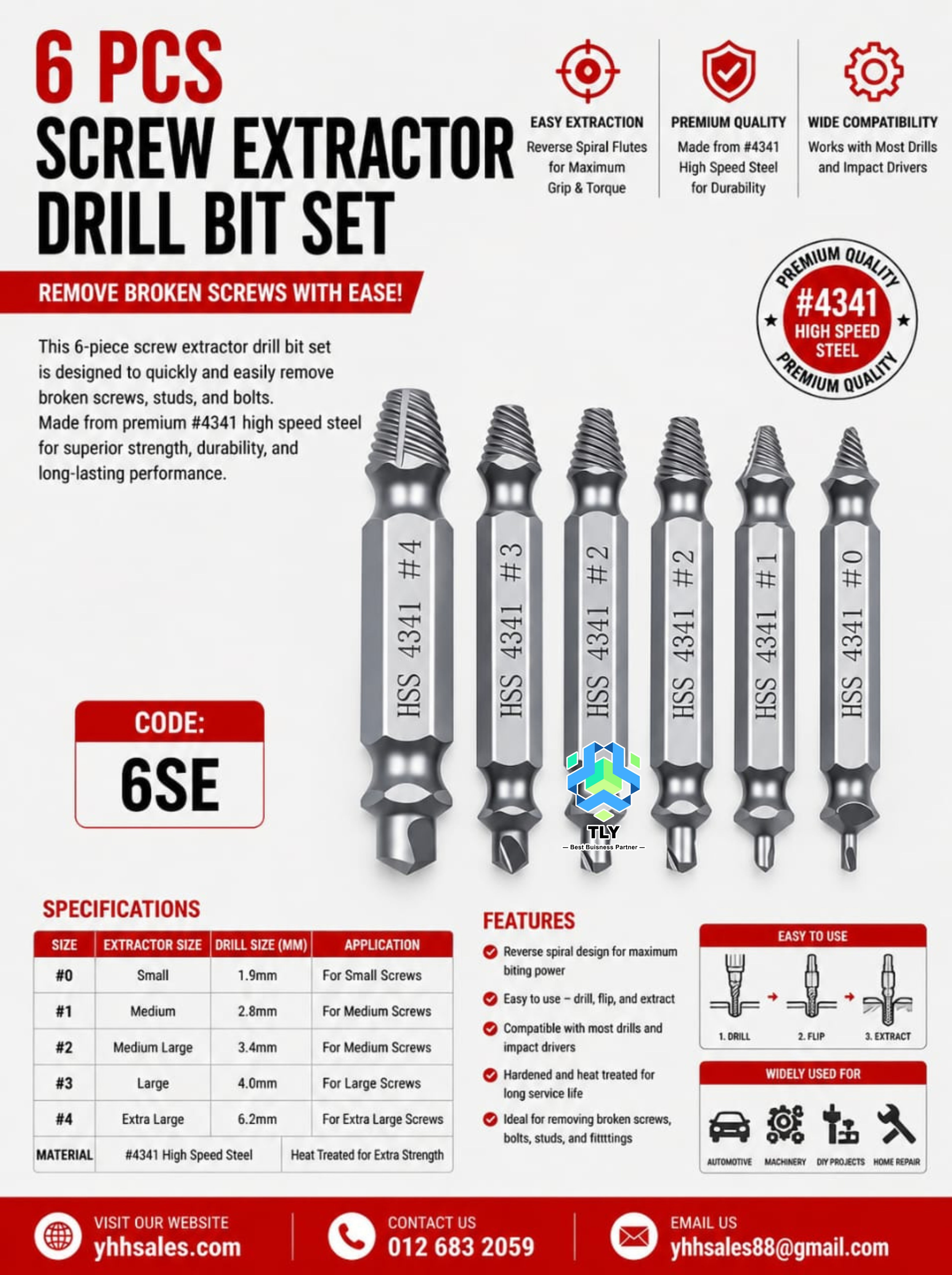 ADI03 6 Pcs Screw Extractor Set 6SE