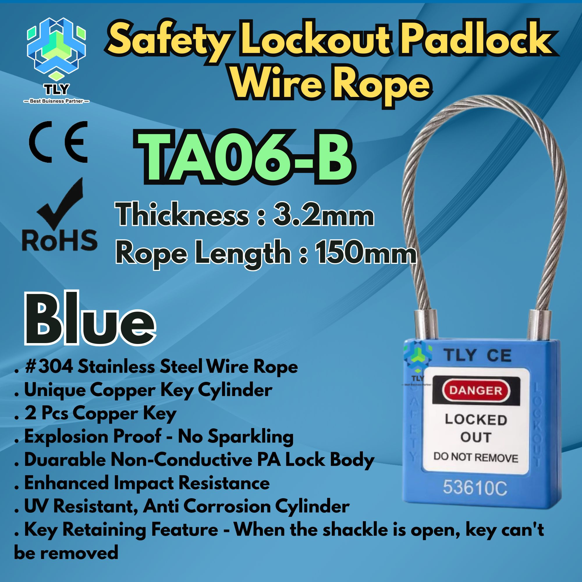 BHA25 TLY Stainless Steel Wire Rope Lockout Padlock Blue TA06-B