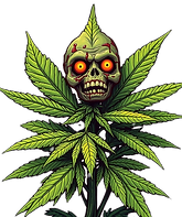 Green skull with glowing red eyes on a cannabis plant