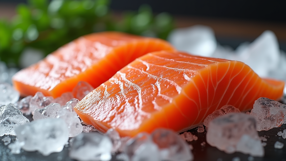 Close-up view of fresh salmon fillet on ice
