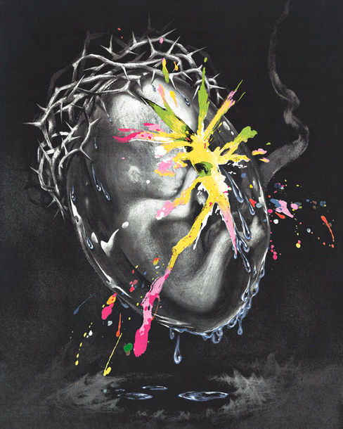 the piece portrays an embryonic figure enclosed within a womb-like form, rendered almost entirely in monochrome. a violent ru
