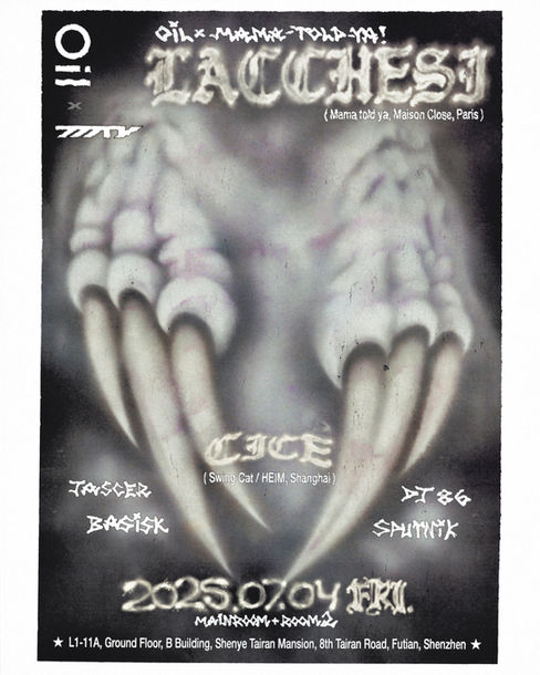 poster for oil club, airbrushed wyvern claws and hand drawn lineup