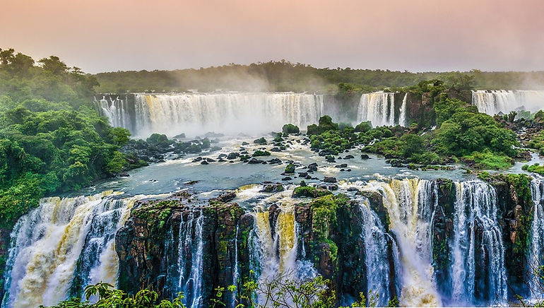 Aerial view showing two levels of cascades at Iguazu Falls in Parana State of Brazil