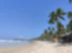 Tropical beach scene with palm trees, sandy shore, blue sky, waves, and small huts. Peaceful, sunny atmosphere with no visible people.
