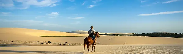 A horse rides across the dunes in Jericoacoara