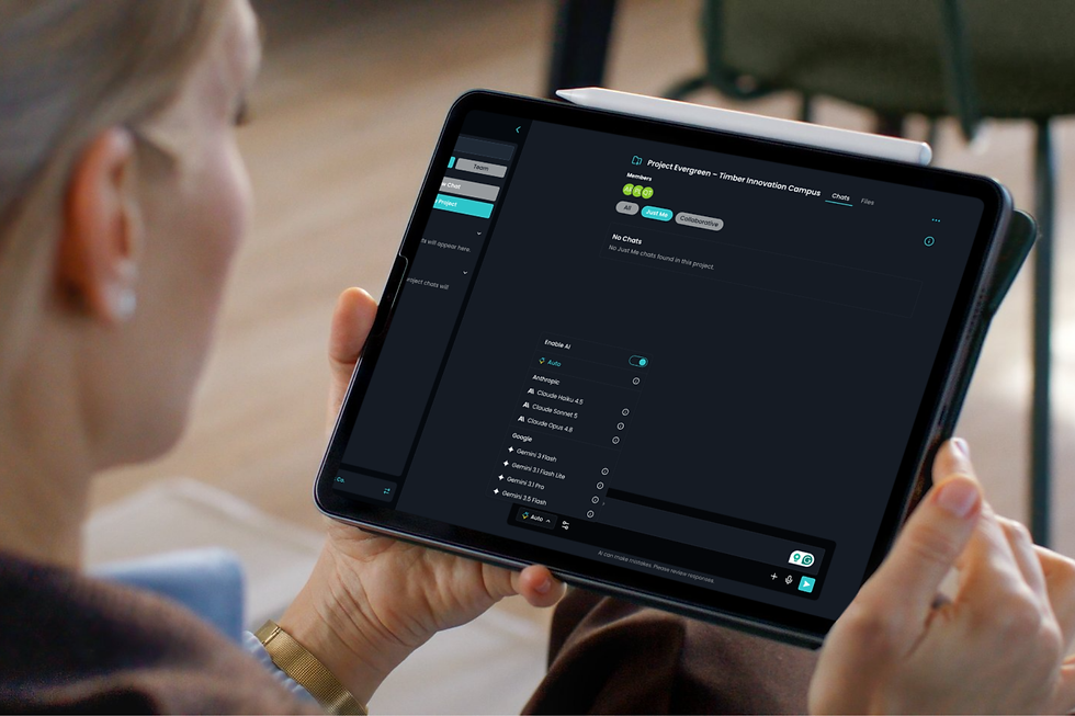 Woman holding a tablet showing a dark team chat app labeled Project Evergreen, with an AI model menu open.