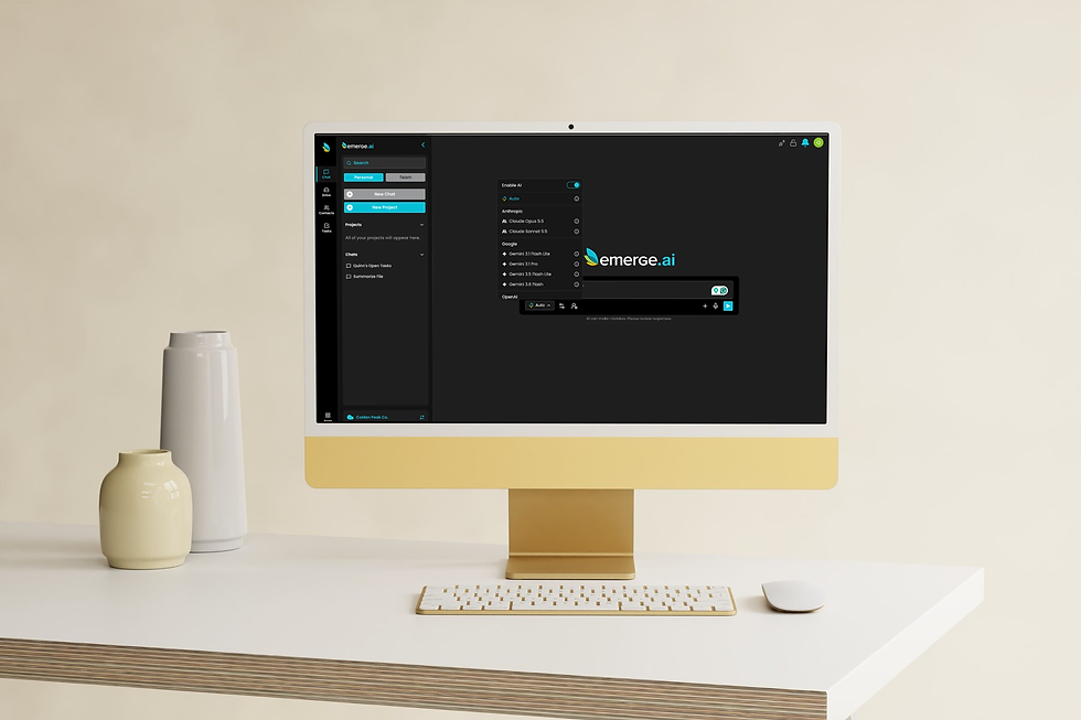 Minimalist desk with gold iMac showing emerge.ai interface, beside a white keyboard, mouse, and two ceramic vases.