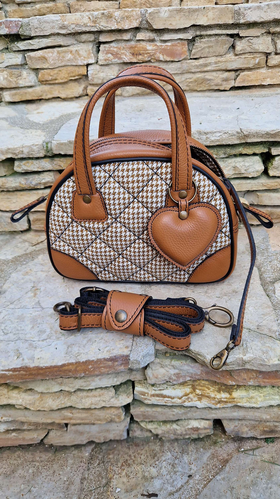 Miniature :  MINI MISS cuir grainé caramel pied de poule/ toffee leather 