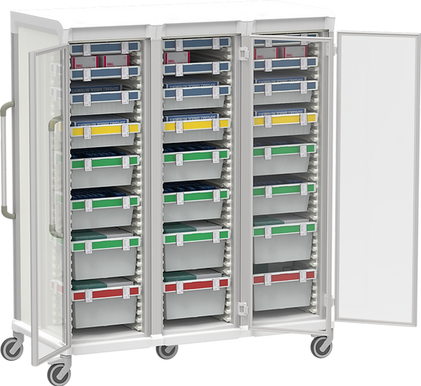 Triple column narrow general supply storage cart with antimicrobial modules