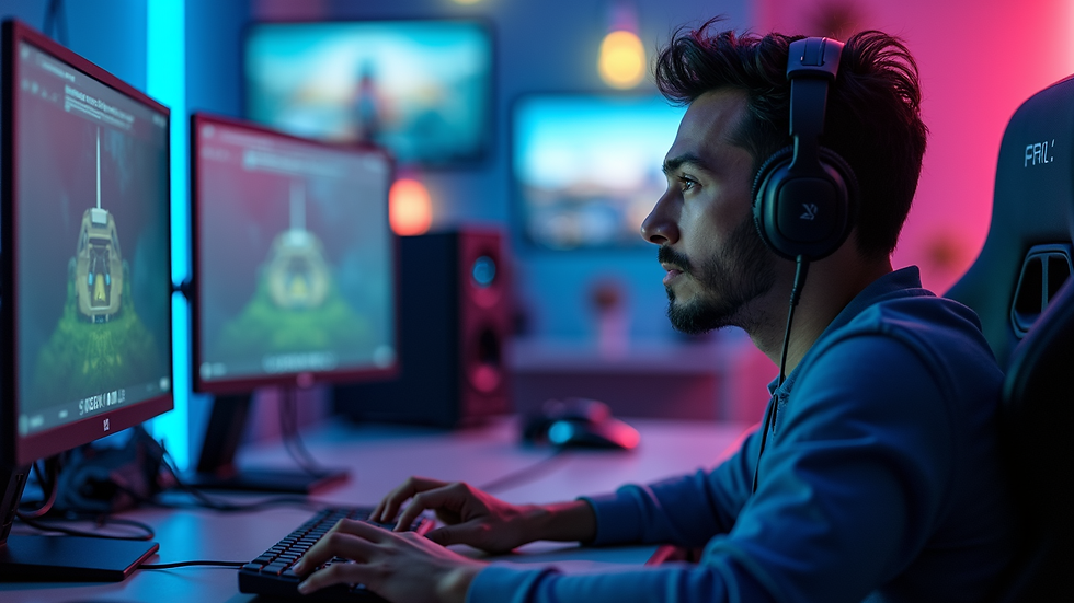 Visão lateral de um estúdio de streaming com equipamentos modernos para esports