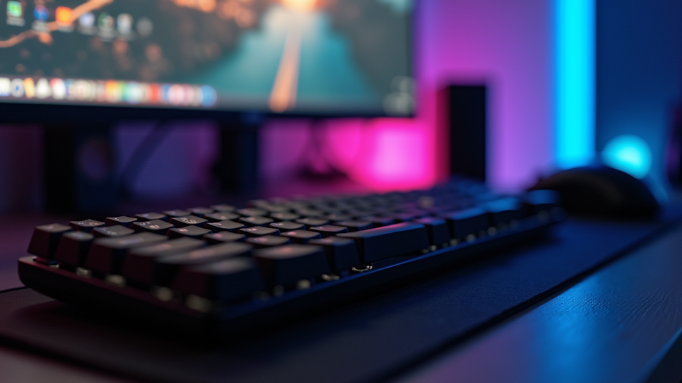 Eye-level view of a gamer desk setup with keyboard and mouse