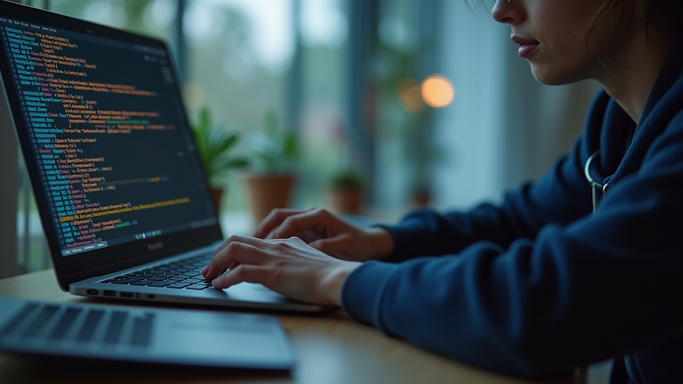 Close-up view of a student working on game programming on a laptop