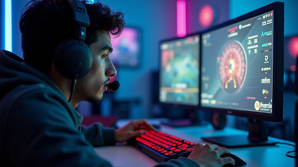 Close-up de um jogador profissional analisando uma partida de esports em um computador