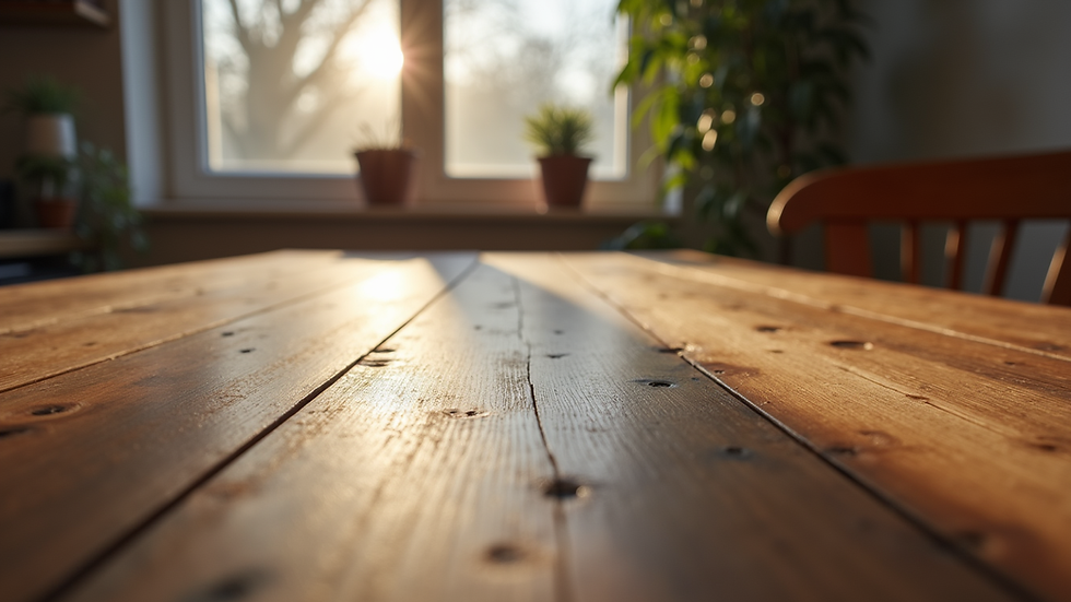 Eye-level view of UV coating process on wooden dining table