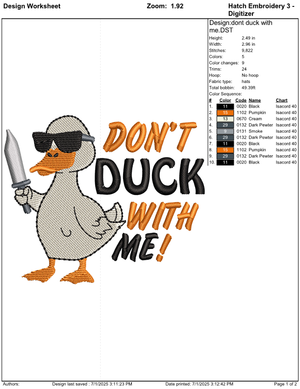 Don't Duck With Me Embroidery file for hats