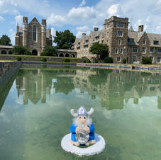A stuffed Viking on a float in a reflection pool.
