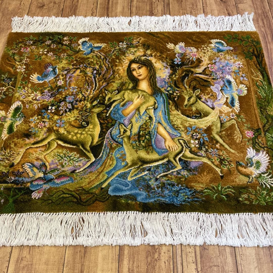手織りペルシャ絨毯 新品 タブリーズ産 絵画絨毯 ウール&シルク 78 x 60cm Ni152
