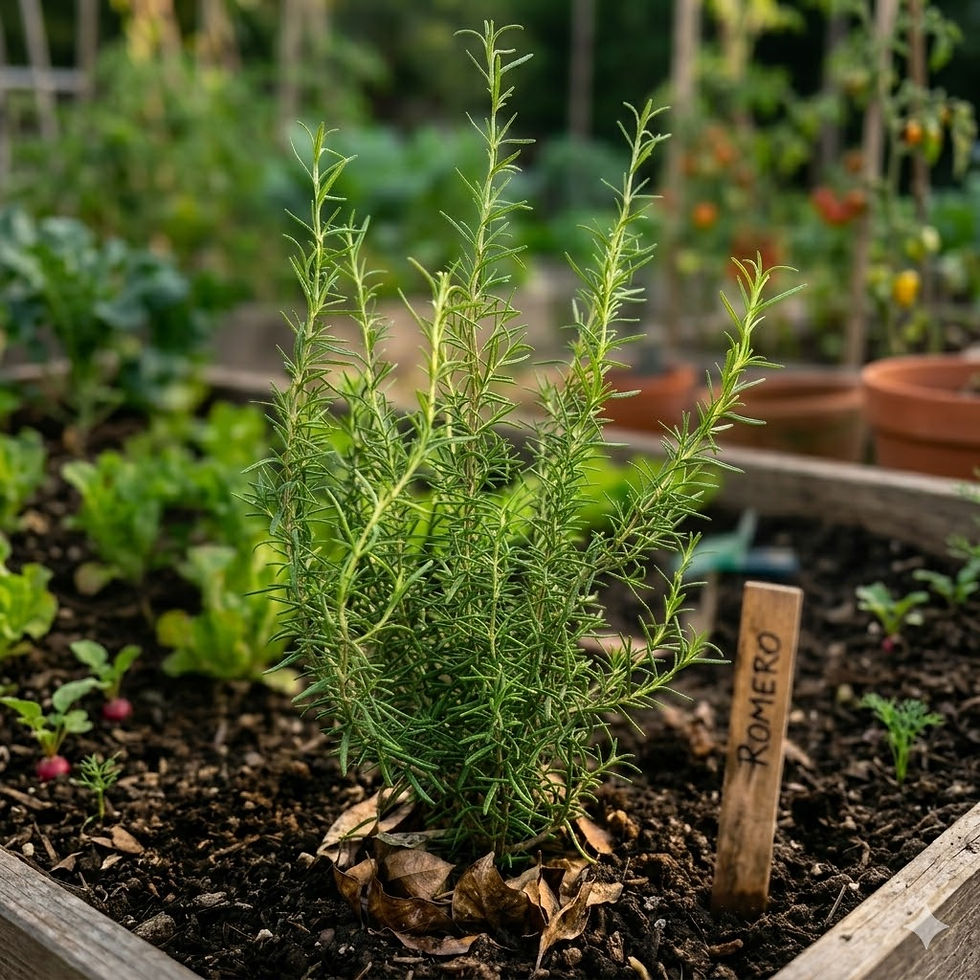 Planta de romero con marcador de madera "Rosemary" en un huerto.
