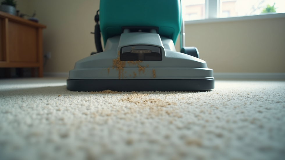 Eye-level view of a carpet cleaning machine in action on a stained carpet