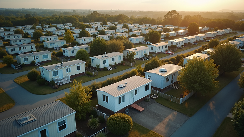 High angle view of a mobile home park with neatly arranged homes