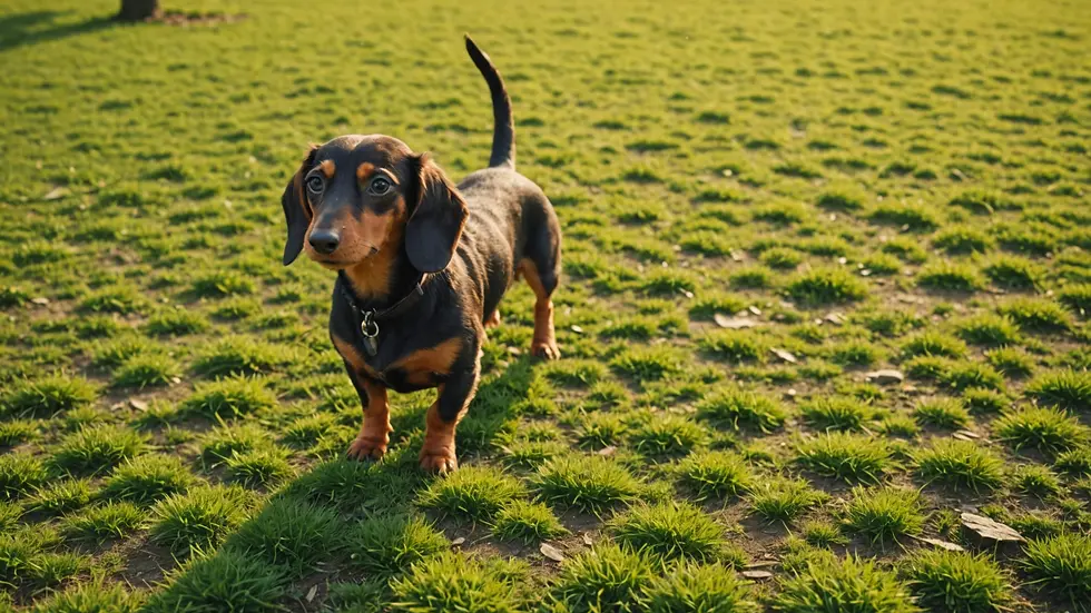 High angle view of a Dachshund exploring a park
