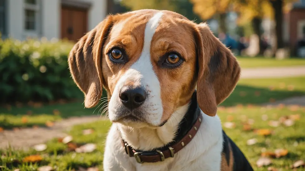 Eye-level view of a happy Beagle sitting outdoors