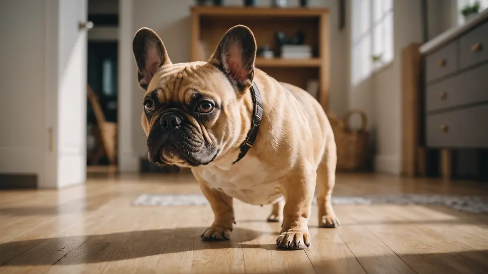 Eye-level view of a playful French Bulldog in a home environment