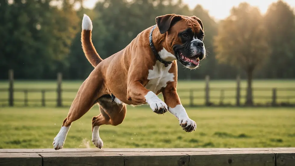 Close-up view of a Boxer dog jumping in the air