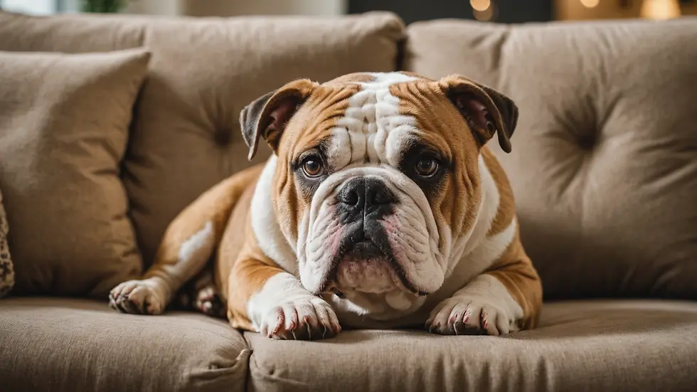 Eye-level view of a calm English Bulldog lounging on a sofa
