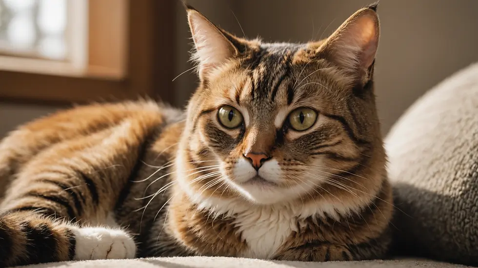 Eye-level view of a cat sitting relaxed with half-closed eyes